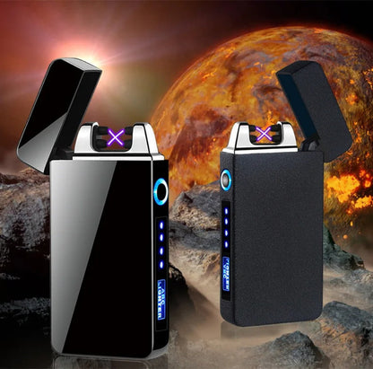 Flip-Top Dual-Arc Electric Lighter with Power Display in Three Black and Blue Color Options