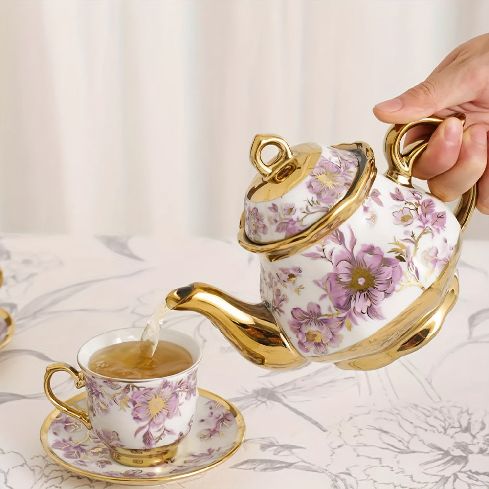 Twenty-Piece Floral Ceramic Tea Set with 15-Ounce Teapot, Six Cups, Saucers, Spoons and Metal Rack