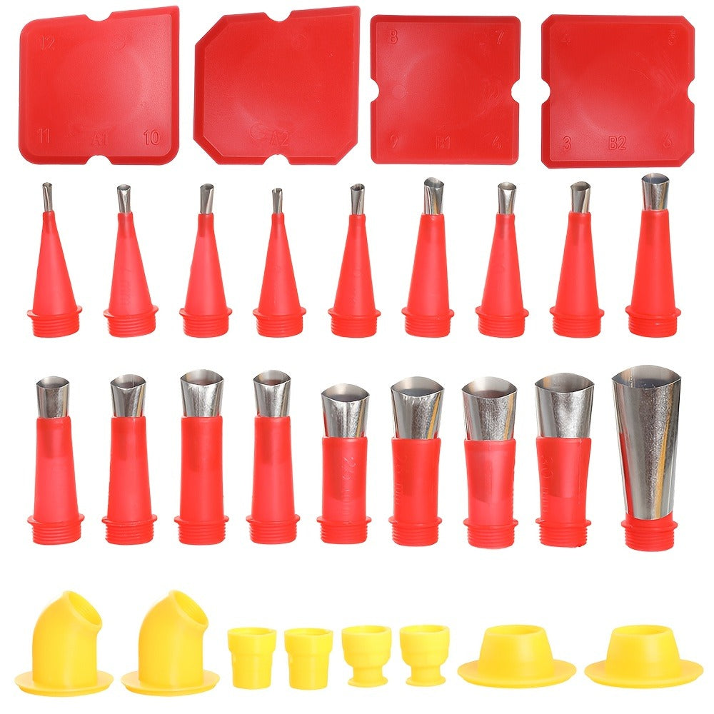 Thirty-Piece Red Caulking Finishing Tool Kit with Nozzle Tips, Connectors and Grout Scrapers