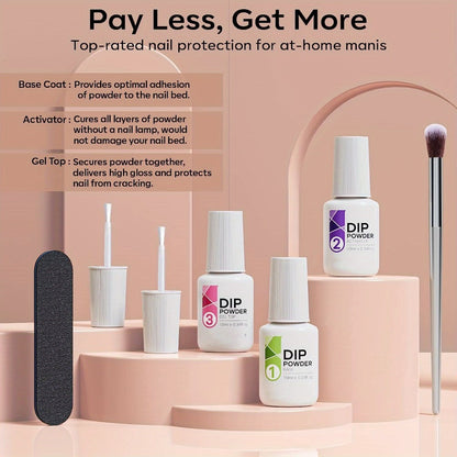 Dip Powder Nail Kit with NOCIS Label, Four Nude and Gold Glitter Powders, Three 10ml Liquids and Four Tools