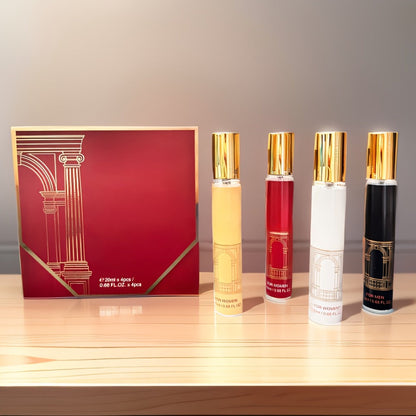 Perfume Gift Set Four Mini Spray Bottles in 20ml or 30ml Sizes with Mixed Bottle Shapes and Fitted Box