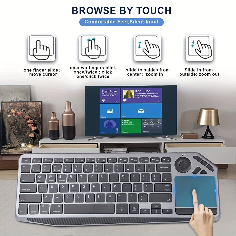 Touchpad Wireless Keyboard 2.4G Dual Mode – Backlit Multimedia Hotkeys, Type-C Rechargeable, All-in-One Remote for Smart TV, Android TV Box, Tablet, PC & Computer | Deep Grey