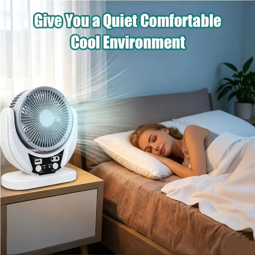 Solar Desk Fan with Adjustable Stand, Separate Panel, USB Input, Phone Output and 1-Piece Package