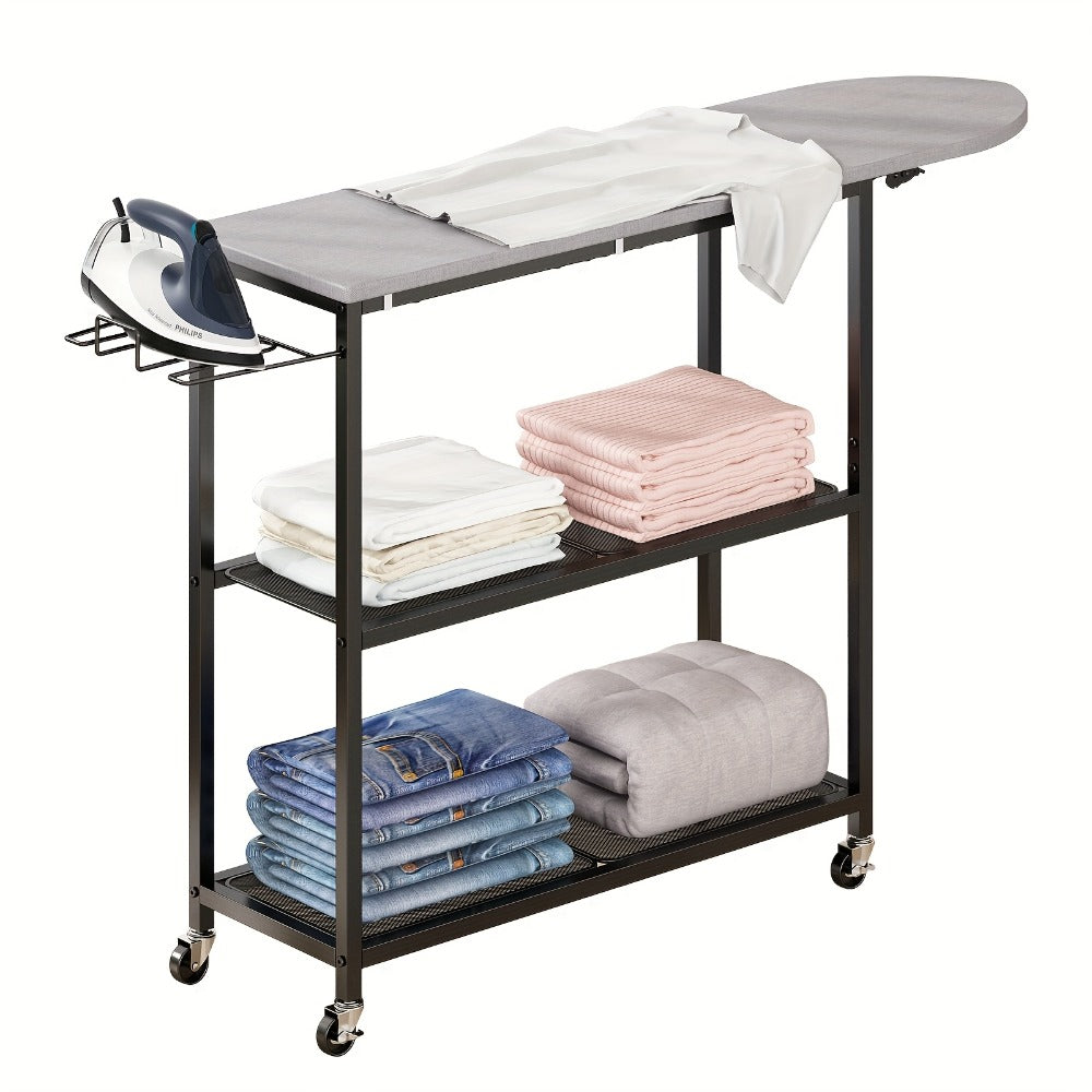 3-Tier Ironing Board Cart with Wheels – Rolling Laundry Station with Multi-Layer Storage Shelves for Living Room, Bedroom & Outdoor Use