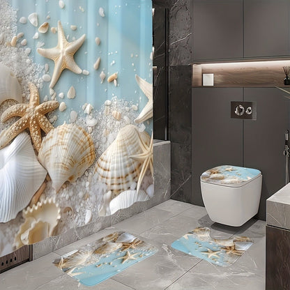 Sea Star and Shell Shower Curtain with One-Piece or Four-Piece Bathroom Set Checkout Options