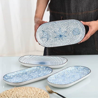 Four-Piece 12 Inch Blue and White Porcelain Fish Plate Set for Serving, Steaming and Oven Baking