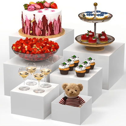 Display Stands 6pcs Five-Sided Square Buffet Risers - White Transparent Dessert Cake Display Storage Rack for Party Wedding Catering Retail Boutique Gallery Home Decor