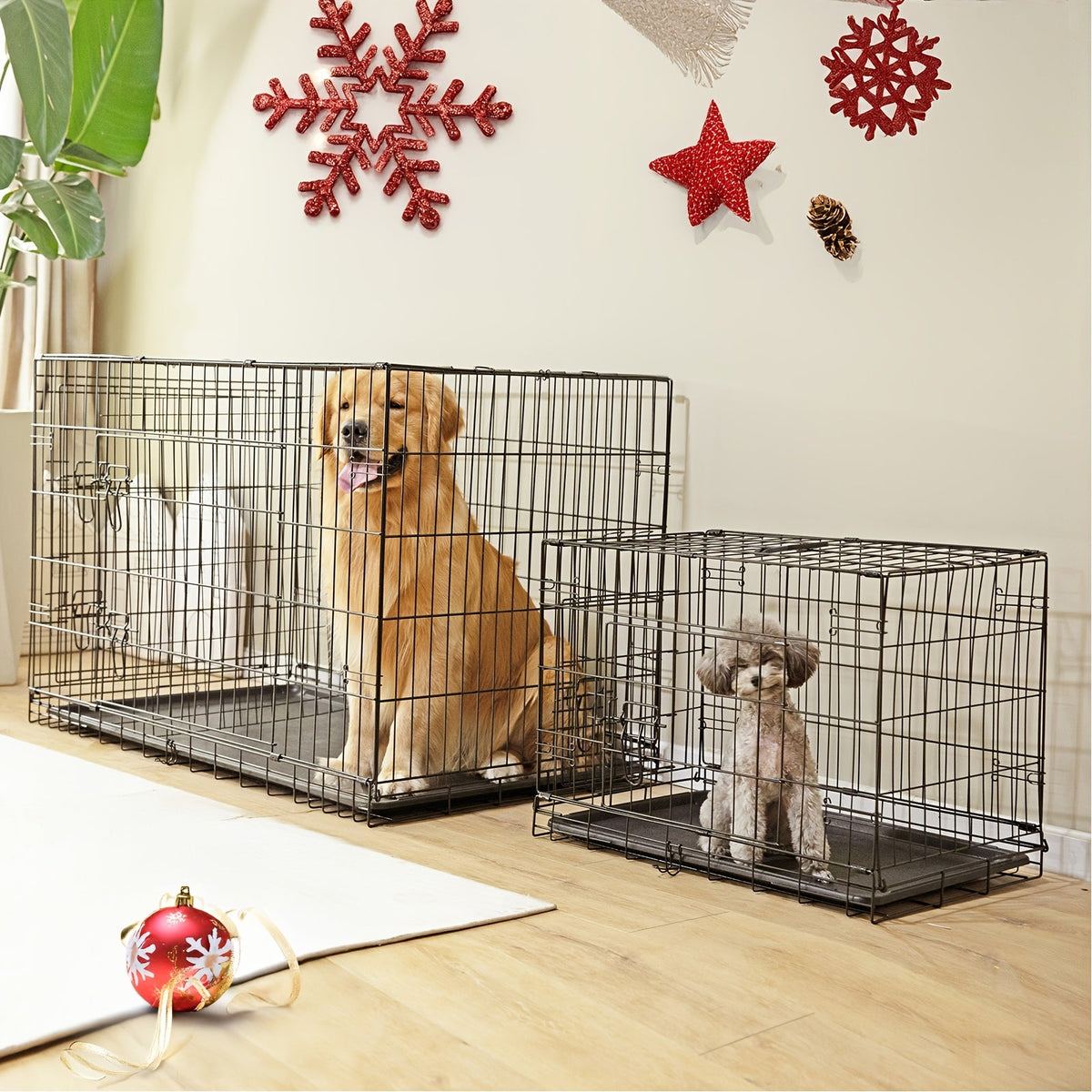 Folding Wire Dog Crate with Divider, Pull-Out Tray, Two Doors and Five Sizes from 24.41 to 48.4 Inches