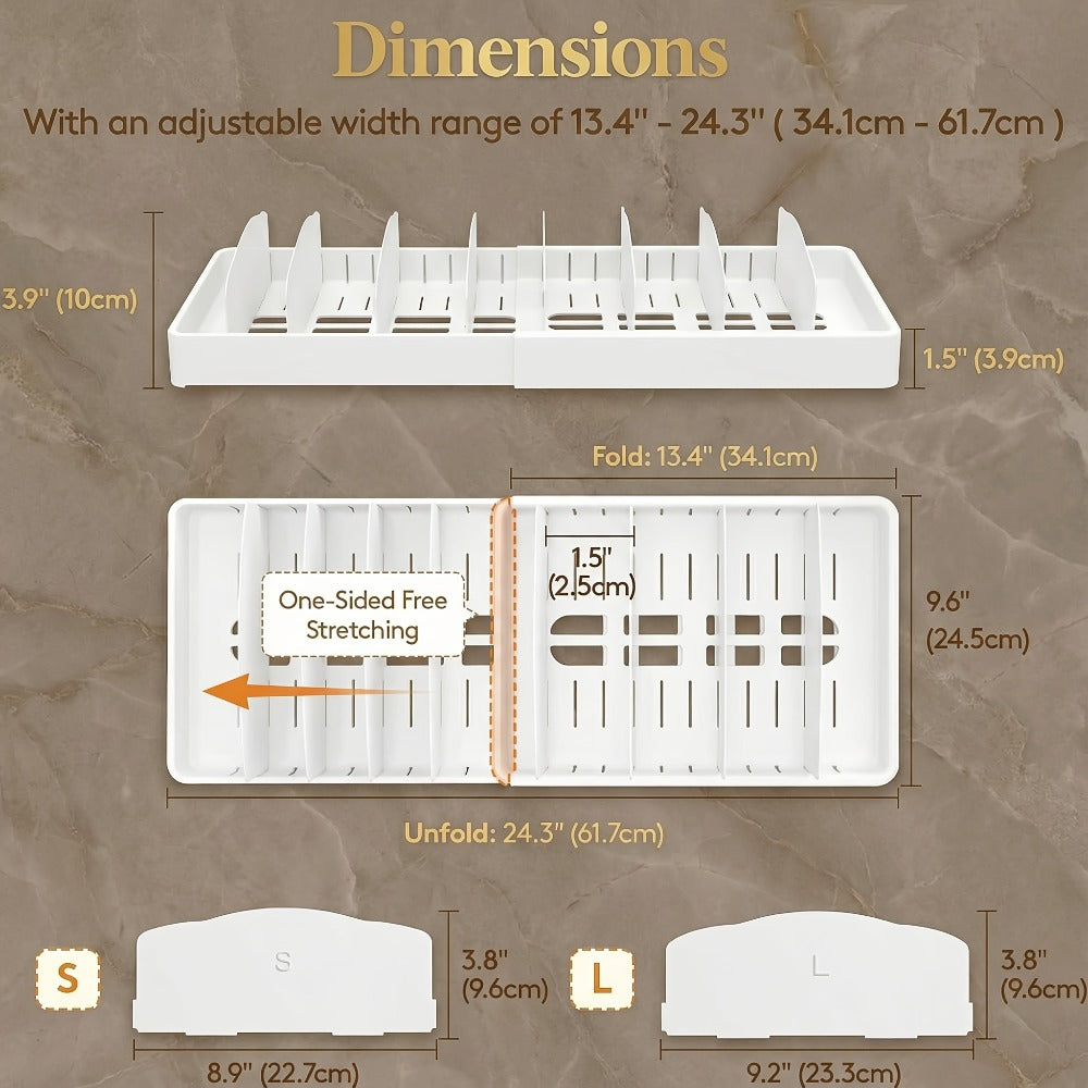Container Lid Kitchen Organizer with Eight Inserts, 21 Compartments and Expandable 13-24.3-Inch Base