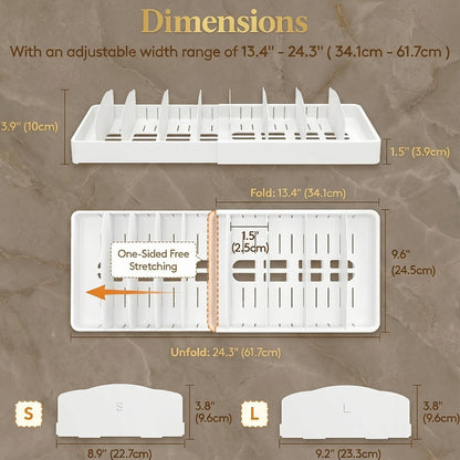 Container Lid Kitchen Organizer with Eight Inserts, 21 Compartments and Expandable 13-24.3-Inch Base
