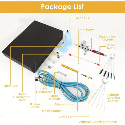 Airbrush Kit Dual-Action Gravity Feed — 0.3mm & 0.5mm Needle Sets, 7cc 20cc 40cc Cups, Complete Air Brush Gun Set for Nails, Makeup, Cake Decorating, Tattoo & Model Painting