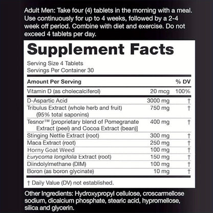 Five-Bottle Botanical Men's Health Supplement Tablet Set with Coordinated Containers and Labels