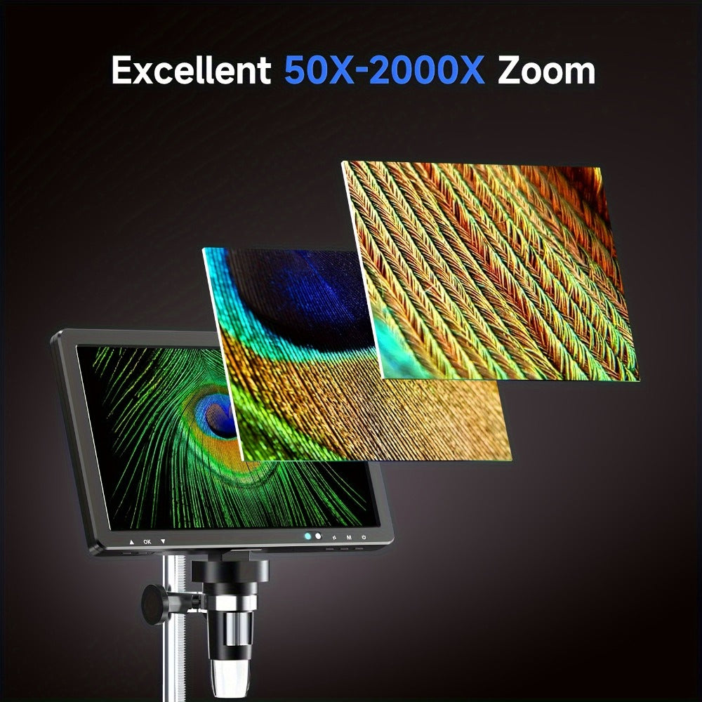 DM12 10.1-Inch IPS Digital Microscope with Dual Side Lights and Extended Stand for Coin and Circuit Board Inspection