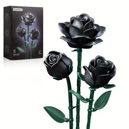 Building Block Set Black Rose Bouquet, 152-Piece Three-Flower Model with Adjustable Stems and Leaves for Display