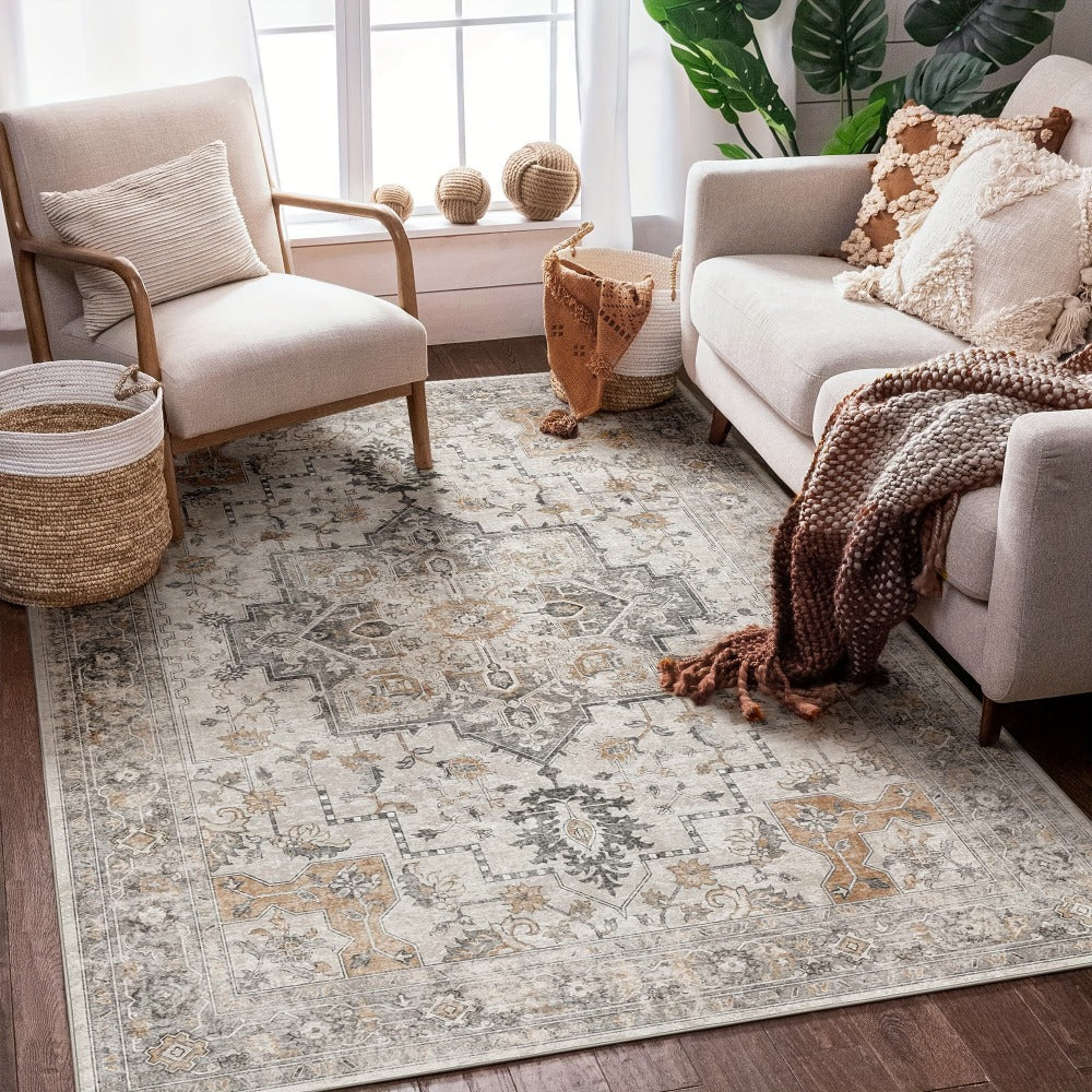 Area Rug Vintage Chenille Print in Light Taupe Brown with Eight Runner and Room Size Options