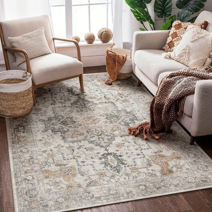 Area Rug Vintage Chenille Print in Light Taupe Brown with Eight Runner and Room Size Options