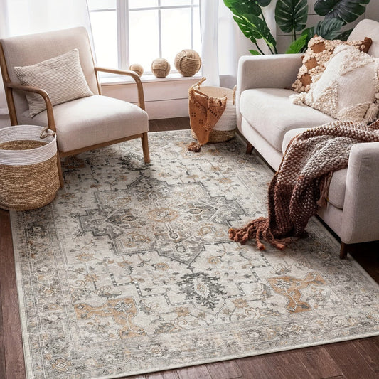 Area Rug Vintage Chenille Print in Light Taupe Brown with Eight Runner and Room Size Options