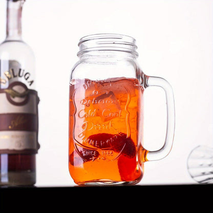 Handled Mason Jar Drinking Glasses, Four-Piece 24-Ounce Set with 700 ml Capacity Labels for Cold Beverages