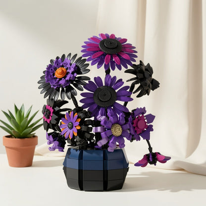 Sunflower Bouquet Building Block Set with Purple Art-Inspired Flower Design for Adult Home or Desk Display