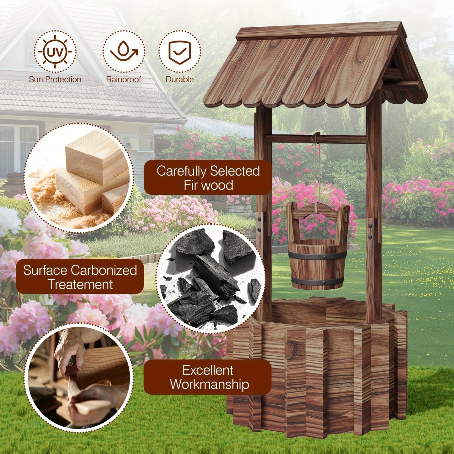 Wood Wishing-Well Garden Planter with Roof, Hanging Bucket, Octagonal Bed and Two Source Size Labels