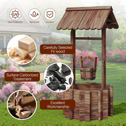Wood Wishing-Well Garden Planter with Roof, Hanging Bucket, Octagonal Bed and Two Source Size Labels