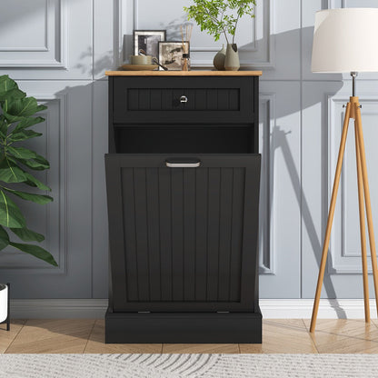 Tilt Out Trash Cabinet Freestanding Kitchen Garbage Cabinet with Cutting Board & Drawer – Wood Hideaway Recycling Station, Fits 10 Gal, Black/White