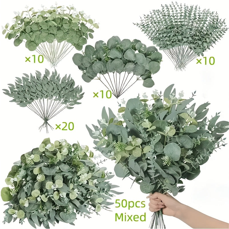 Artificial Flowers Eucalyptus Stem Set in 50 or 56 Pieces with Four Leaf Varieties and White Accents