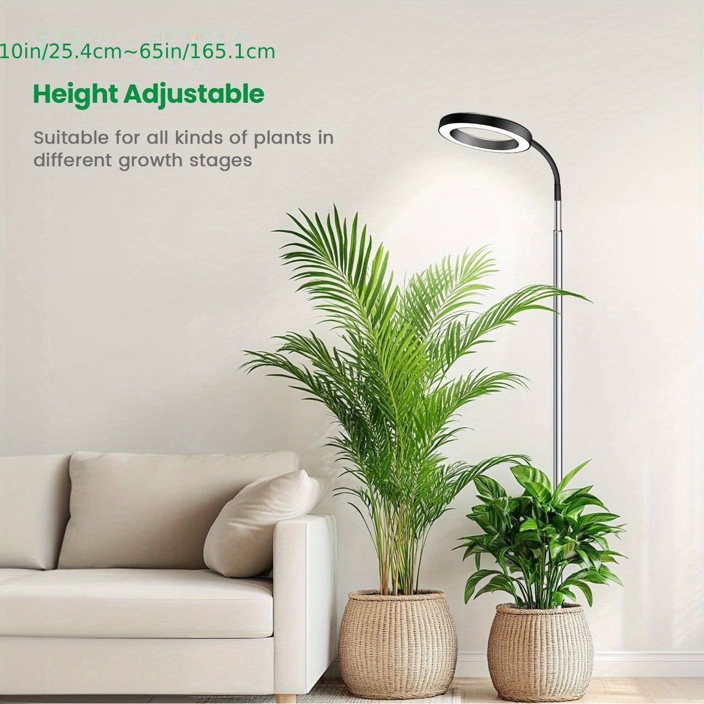 Telescopic Ring LED Plant Lamp with Flexible Gooseneck, 10-65in Pole and Black or White Options