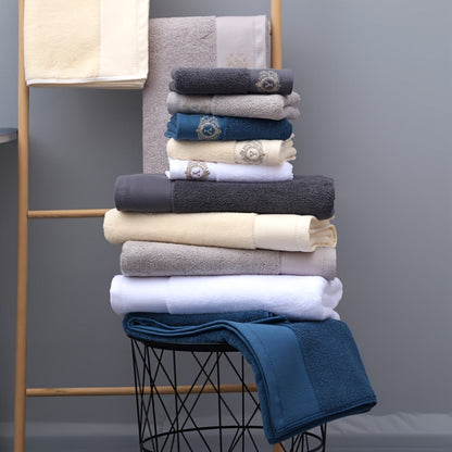 Three-Piece Towel Set with Two Hand Towels and One Bath Towel in Four Embroidered Color Options