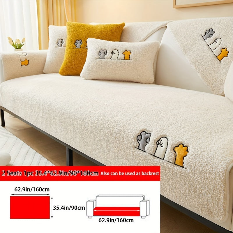 Sofa Cover Thick Plush Shearling Panels with Animal and Bone Embroidery and Non-Slip Feature for 2 to 4 Seats