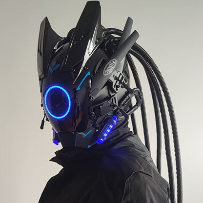 LED Braided Cyberpunk Costume Helmet with Circular Face Light and Blue, Green or Pink Accent Styles