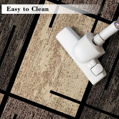 Area Rug Geometric Beige Brown 850 GSM Polyester Velvet in Four Machine-Washable Room Sizes