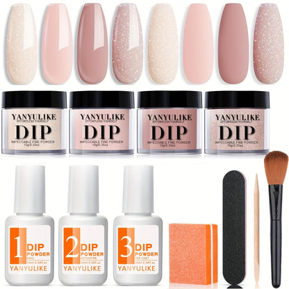 Dip Powder Nail Kit with YANYILIKE Label, Four Nude Shimmer Powders, Three 10ml Liquids and Four Tools