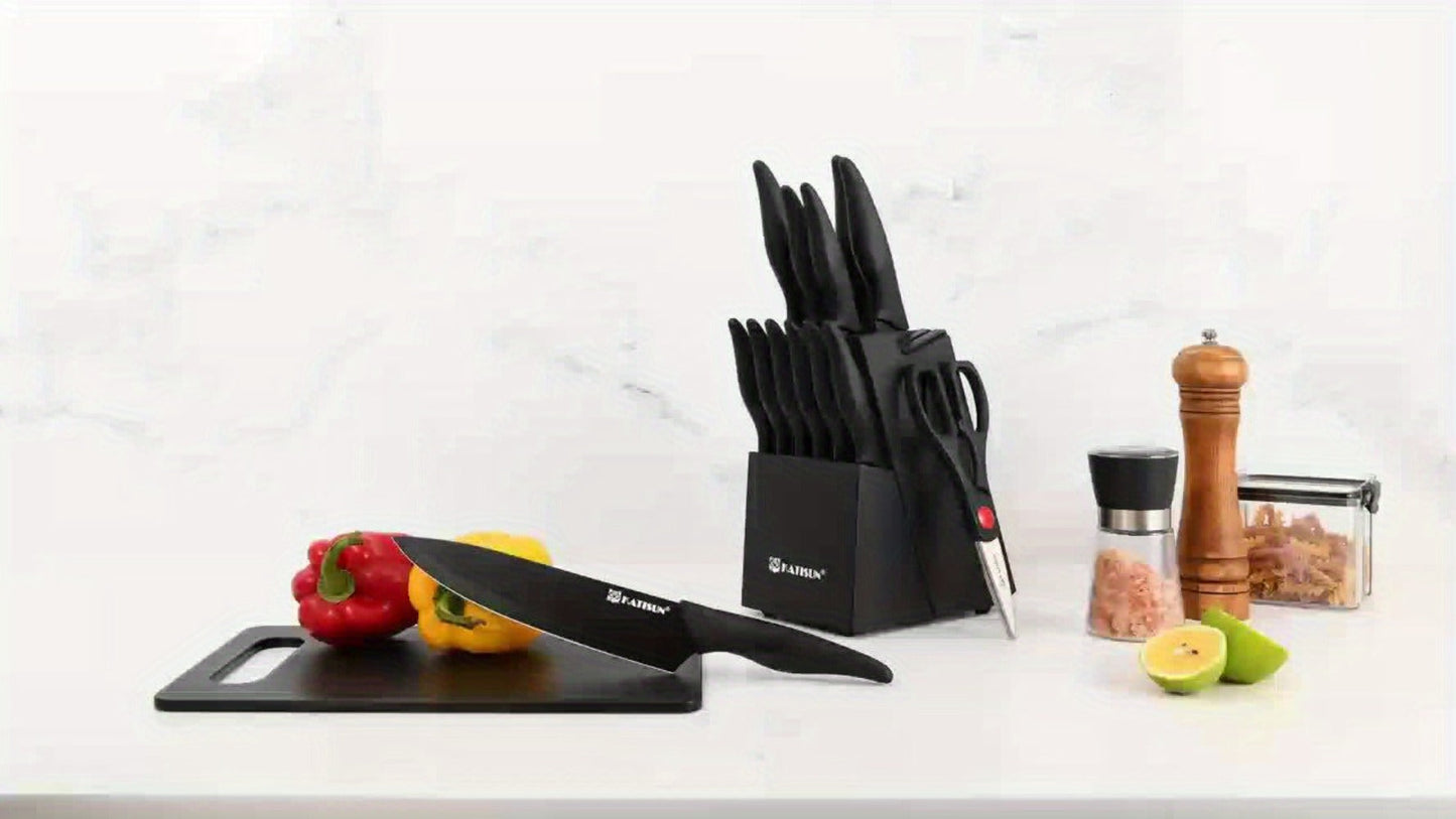15-Piece Kitchen Knife Set with Black Handles, Steak Knives, Scissors, Honing Rod, Cutting Board and Storage Block