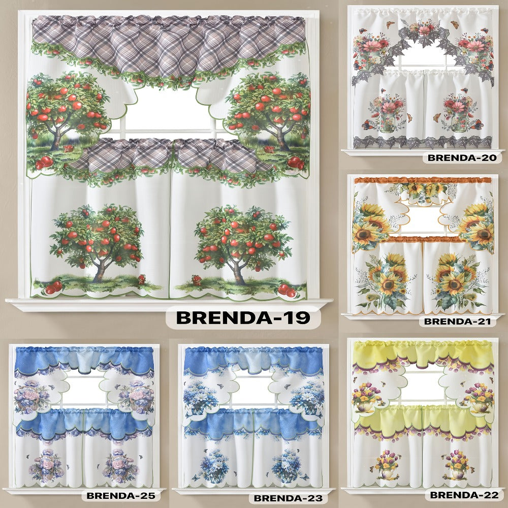 Three-Piece Patterned Kitchen Curtain Set with One Valance, Two Tiers and Forty-Six Exact Design Options