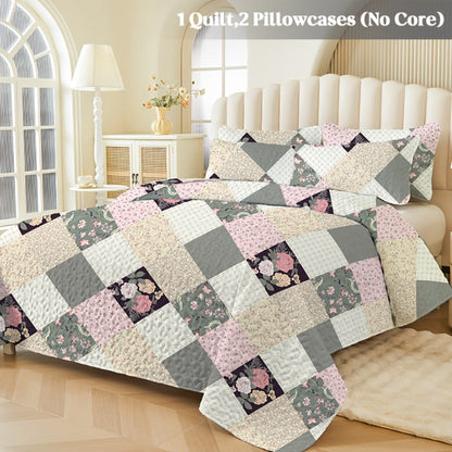 Floral Patchwork Quilt Set in Green, Blue, Grey Pink or Pink with Twin, Full/Queen and King Sizes