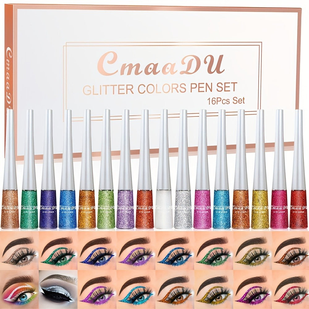 Glitter Liquid Eyeliner Set 16 Colors water-resistant Shimmer Metallic Eye Liner Pen Kit – extended-wear Smudge-Proof Sparkle Eye Makeup