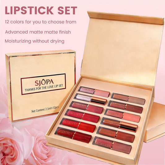 Liquid Lipstick Set 12 Pcs Velvet Matte Long-Lasting – Non-Transfer Shimmer & Nude Shades in Elegant Book-Style Gift Box, Complete Lip Color Collection for Women, Christmas Valentine Birthday Gift