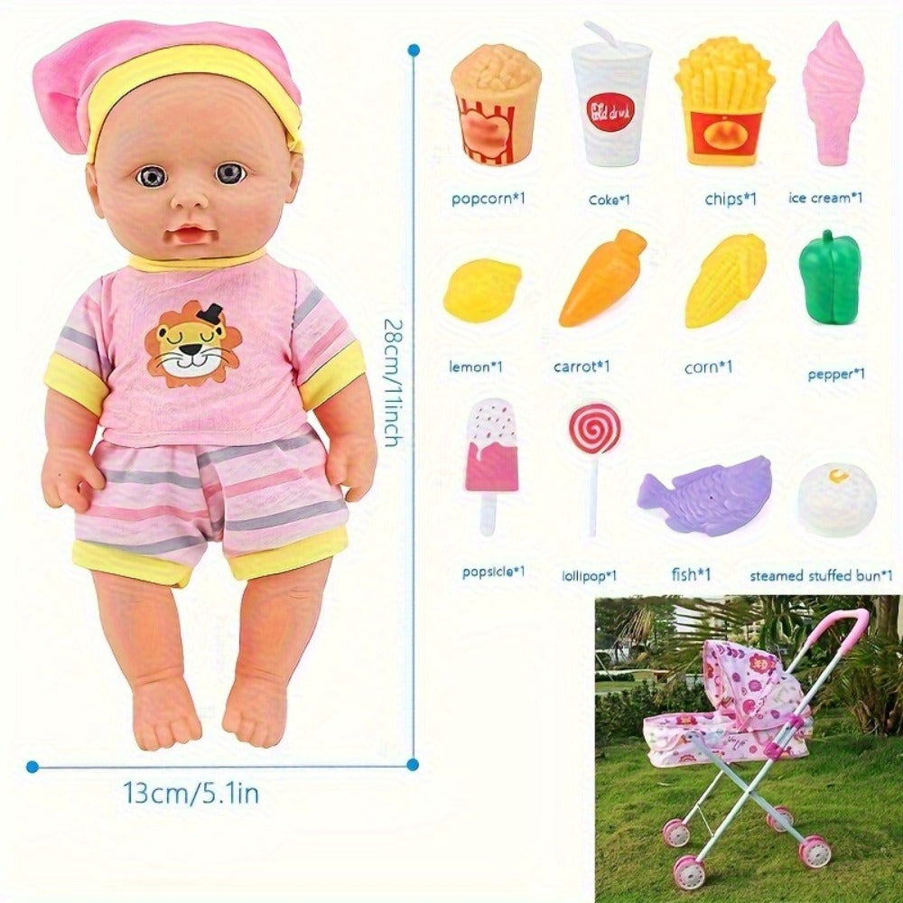 11-Inch Baby Doll and Folding Stroller Playset with 12 Food Accessories in Pink or Purple Color Options