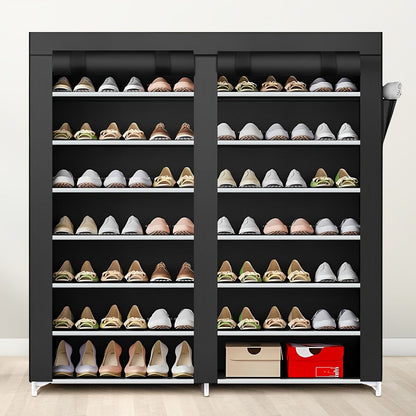 Shoe Rack 9-Tier Portable Double-Row Organizer for Up to 42 Pairs with Black Nonwoven Fabric Cover