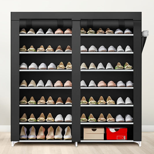 Shoe Rack 9-Tier Portable Double-Row Organizer for Up to 42 Pairs with Black Nonwoven Fabric Cover