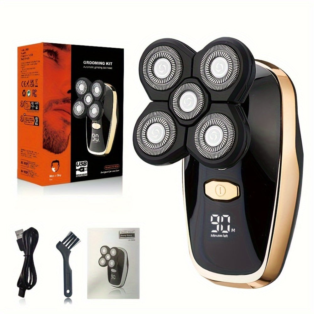 Electric Shaver 5-in-1 Grooming Kit with Nose Trimmer, Hair Clipper, Facial Brush, USB Charging and Display