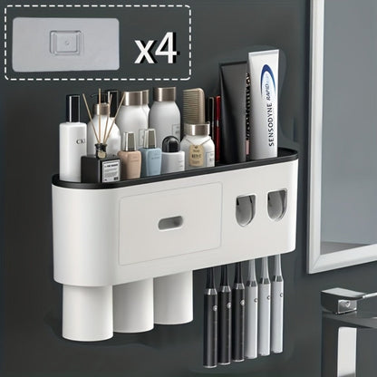 Wall-Mounted Toothbrush Organizer with Dispenser, Side Brush Stand and Two- or Three-Cup Options