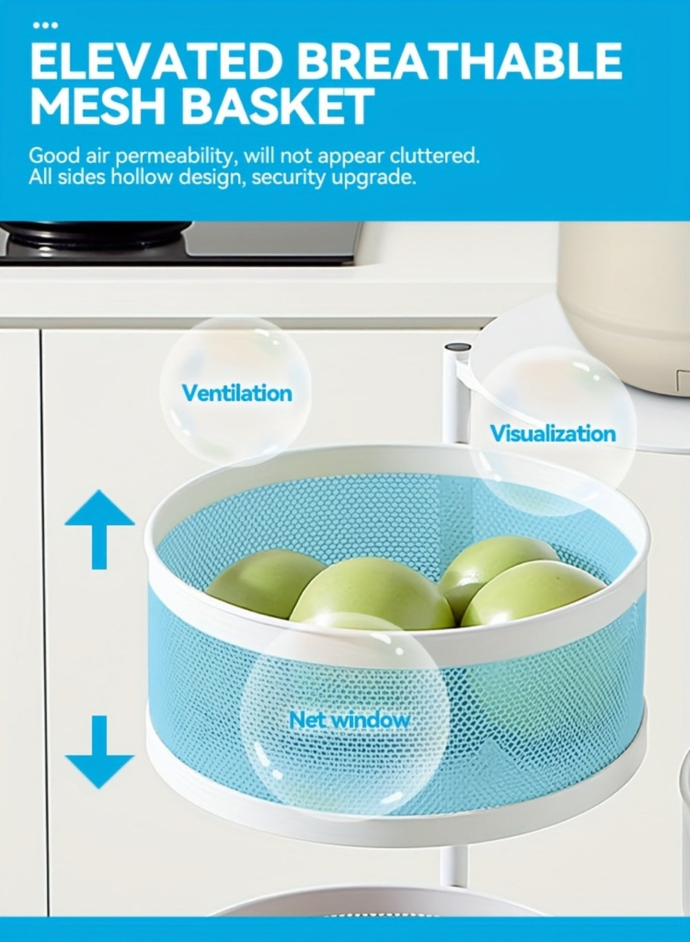 Round-Basket Rolling Storage Rack with Four or Five Mesh Levels, Caster Base and Black or White Finish