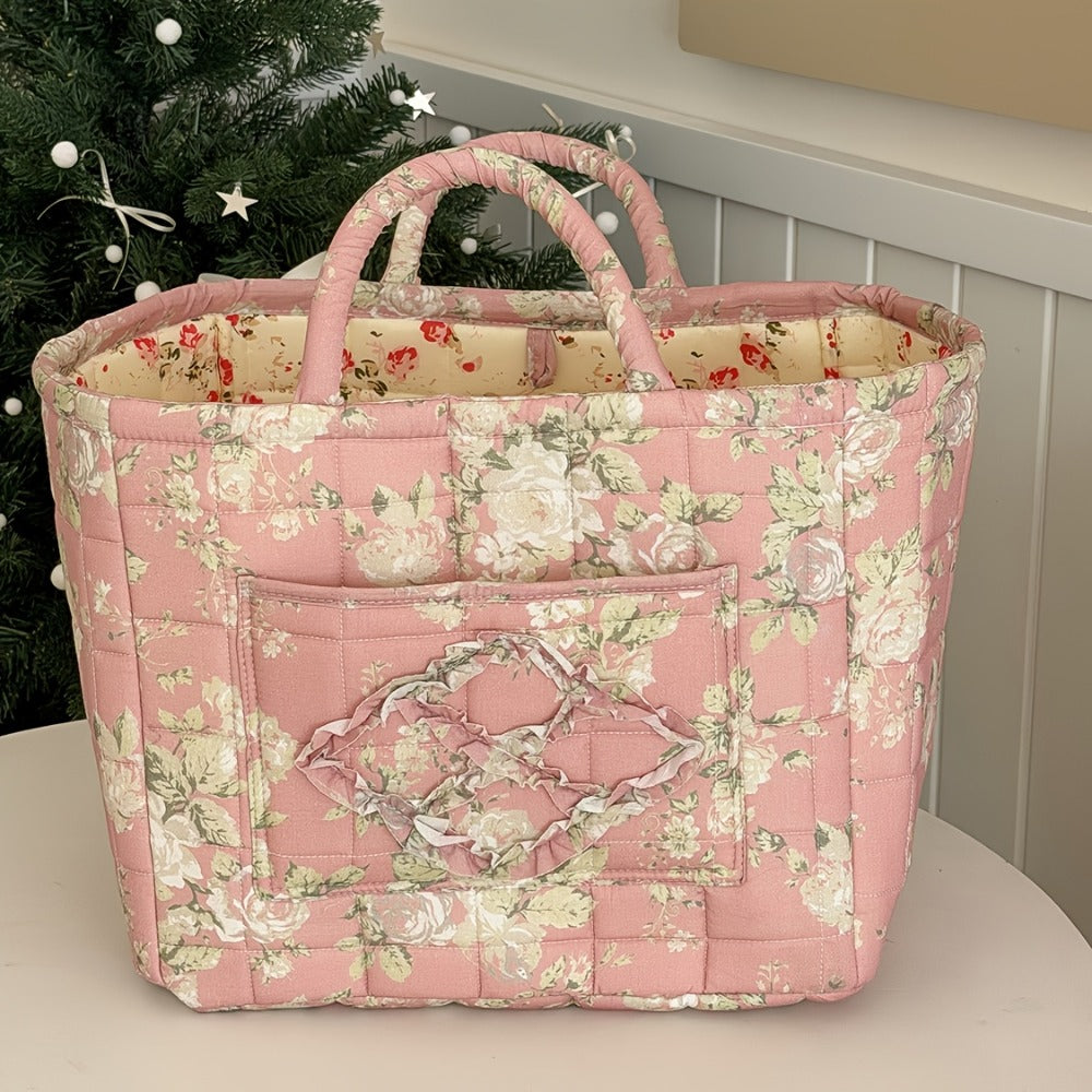 Quilted Floral Carry Storage Basket, Approximately 32 x 26 x 25cm with Two Padded Handles and Seven Patterns