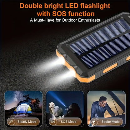 Power Bank Solar 38800mAh with QC3.0, USB-C, Dual USB Outputs, LED Flashlight and Compass for Outdoor Use