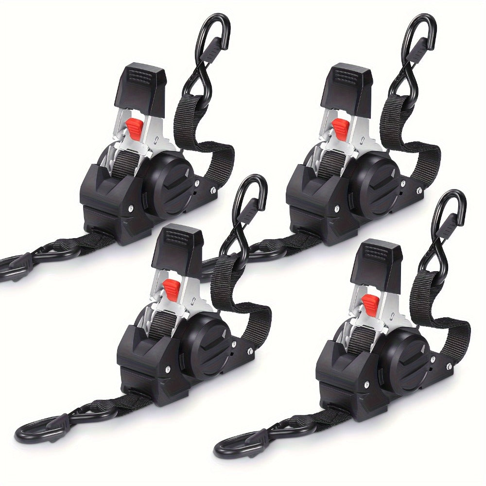 Ratchet Tie-Down Straps with Auto-Retract & Speed Control – Heavy-Duty Cargo Securing Kit with Hooks & Storage Bag | Motorcycle Transport, Towing & Truck Bed Load Securing