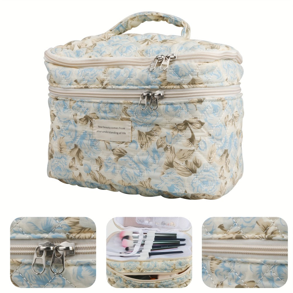 Makeup Bag – Set 3 PCS Quilted Cotton Dual Layer Large Capacity Floral Coquette Aesthetic Travel Cosmetic Bag Women Toiletry Organizer…