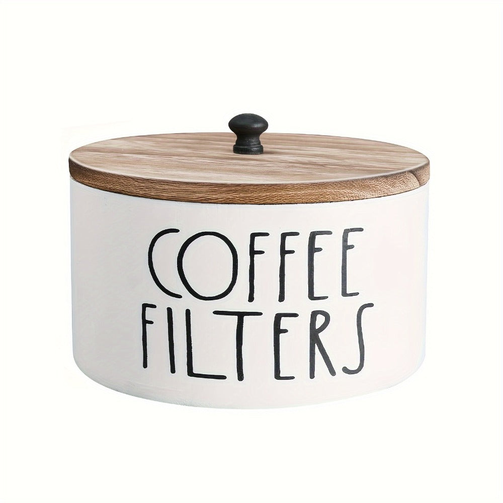 Coffee Filter Holder Kitchen Organizer with Wooden Lid, Countertop Canister in Black or White
