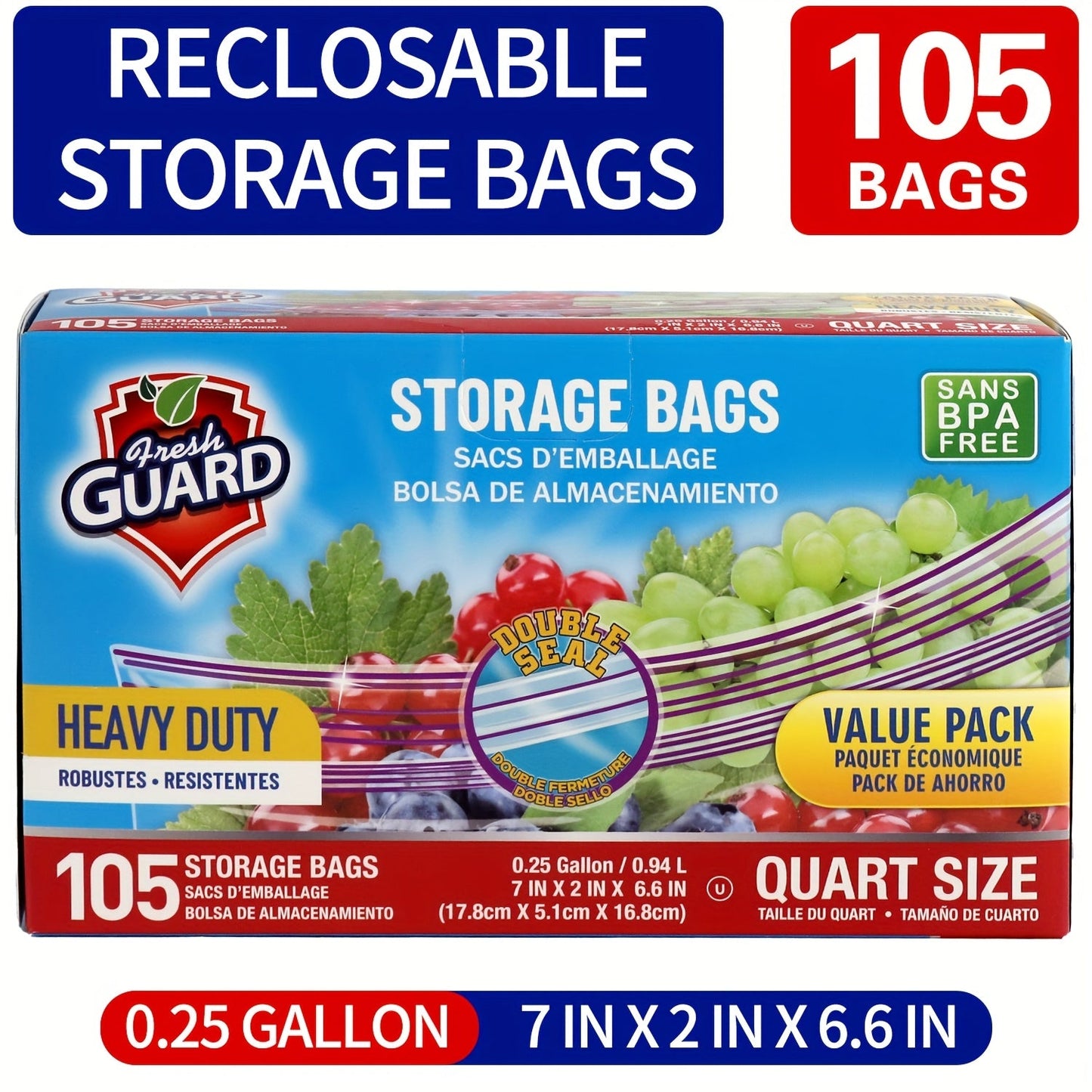 Reclosable Kitchen Storage Bags in Quarter-, One- or Two-Gallon Sizes with Five Count and Pack Options